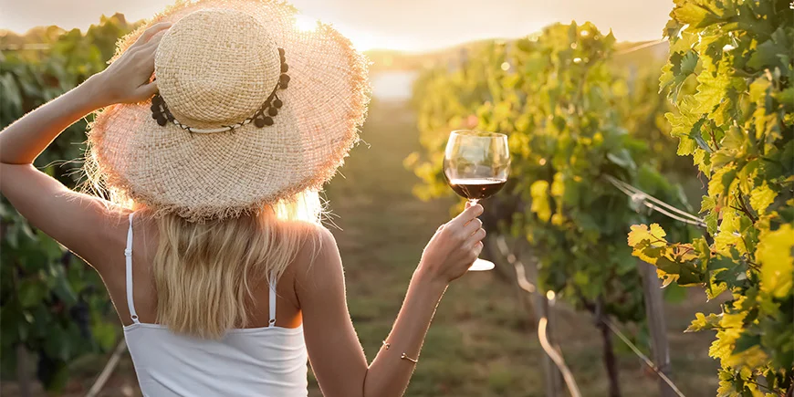 Kvinde med et glas vin i hånden på vingård i Afrika