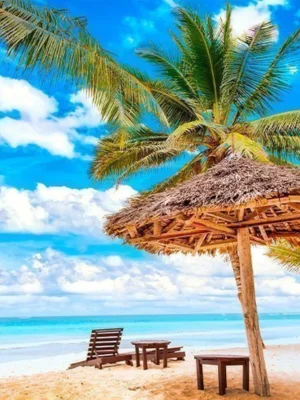 Tropisk strand i Mombasa med palmer og turkisblåt hav
