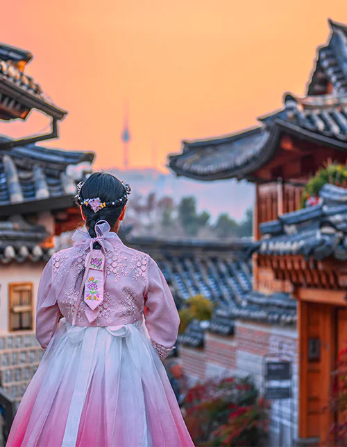 Det traditionel kvarter Bukchon Hanok Village i Seoul, Sydkorea