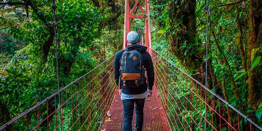 Mand går alene på hængebro i Monteverde Tågeskov i Costa Rica