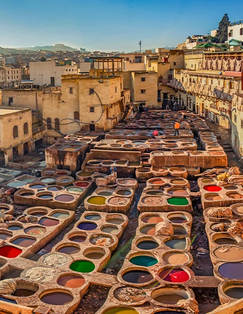 Panoramaudsigt over garveriet i Fez, Marokko