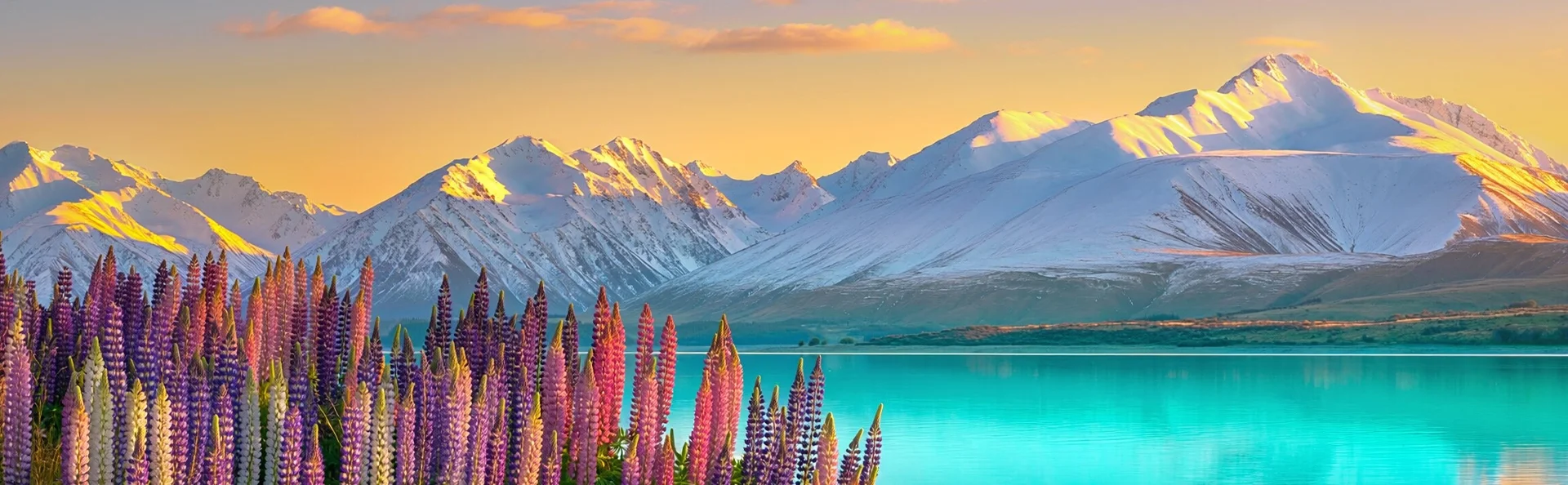 Lake Tekapo i New Zealand med farverige lupiner, turkisblåt vand og snedækkede bjerge