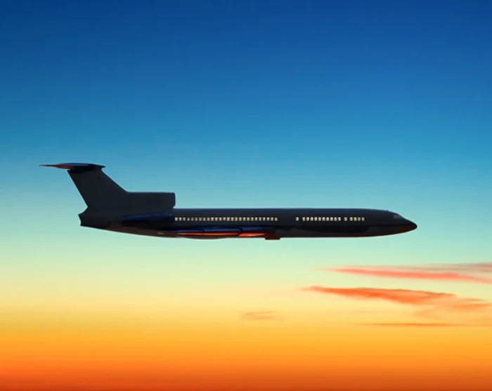 Fly på himmel med solnedgang