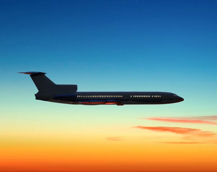 Fly på himmel med solnedgang