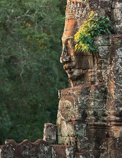 Buddhas ansigt udskåret i sten ved Bayon-templet i Cambodia