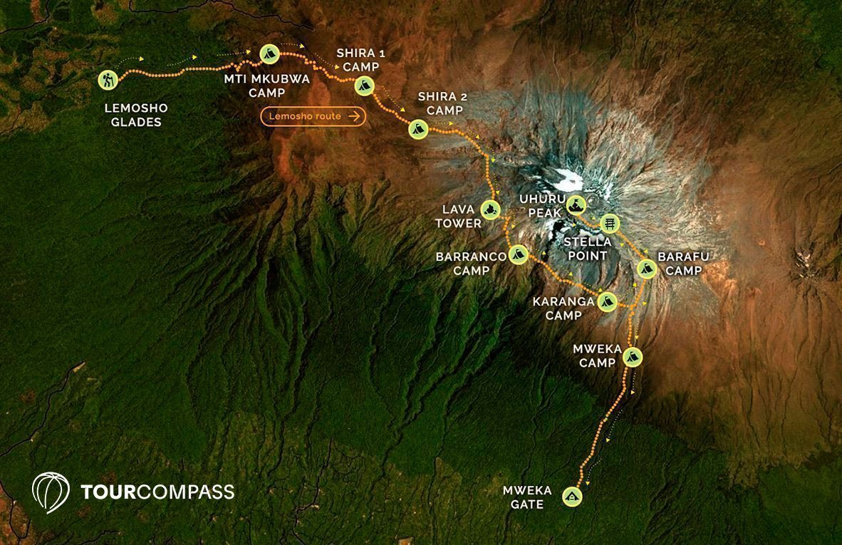 Kort over Lemosho-ruten på Kilimanjaro