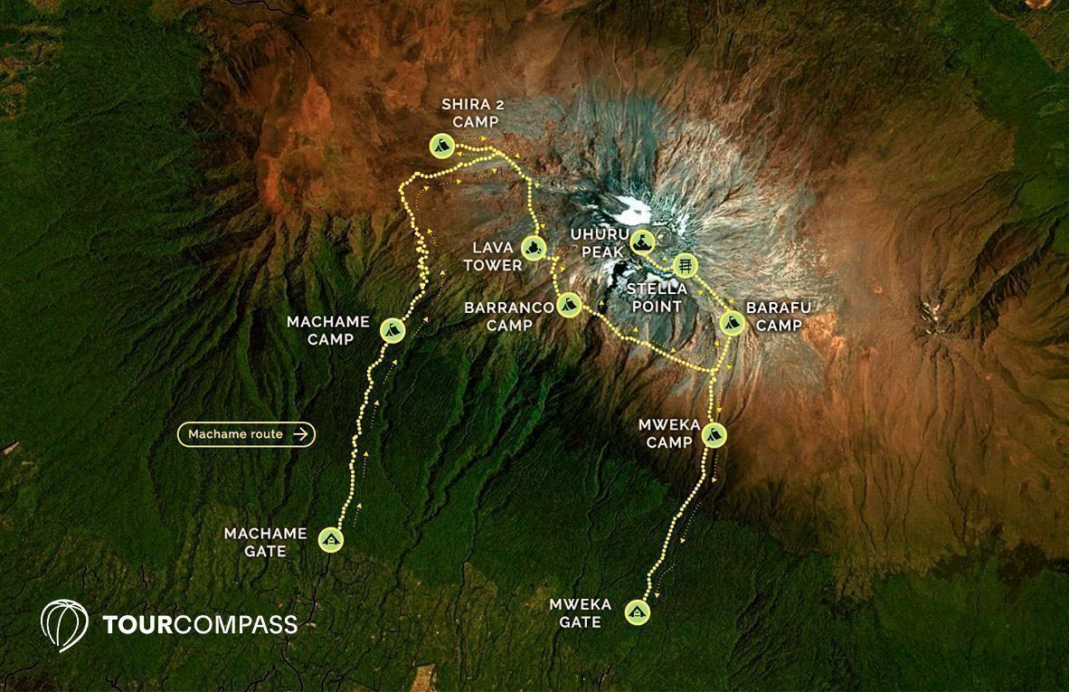 Kort over Machame-ruten på Kilimanjaro