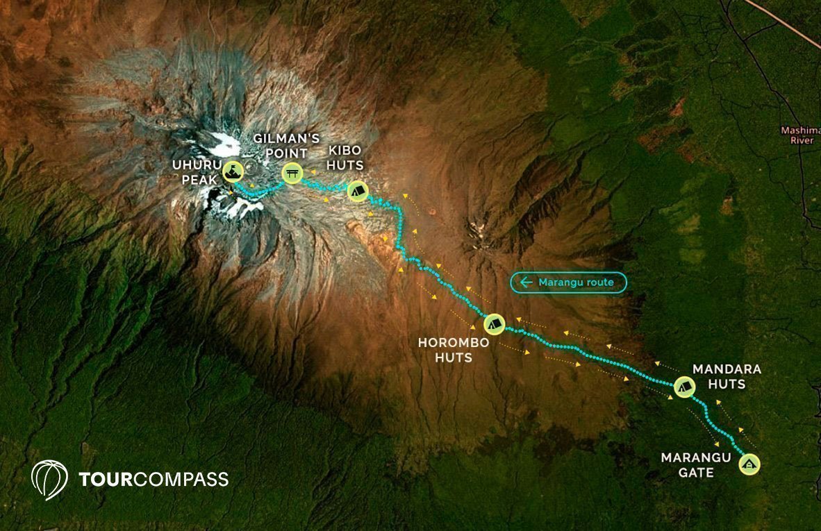 Kort over Marangu-ruten på Kilimanjaro
