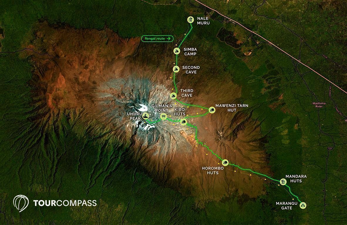 Kort over Rongai-ruten på Kilimanjaro