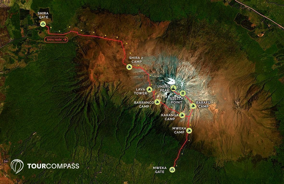 Kort over Shira-ruten på Kilimanjaro