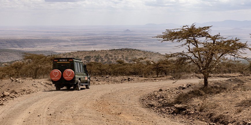 Firhjulstrækker med TourCompass-logo kører på safari i Tanzania