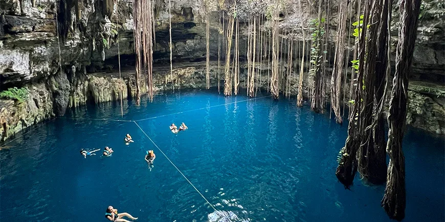 Gruppe af mennesker, der bader i den smukke Oxman-cenote i Mexico
