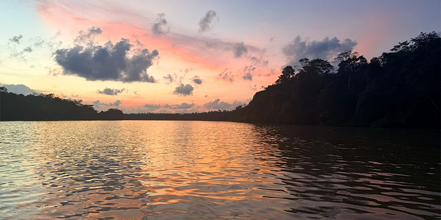 Smuk solnedgang over Kinabatangan-floden på Borneo